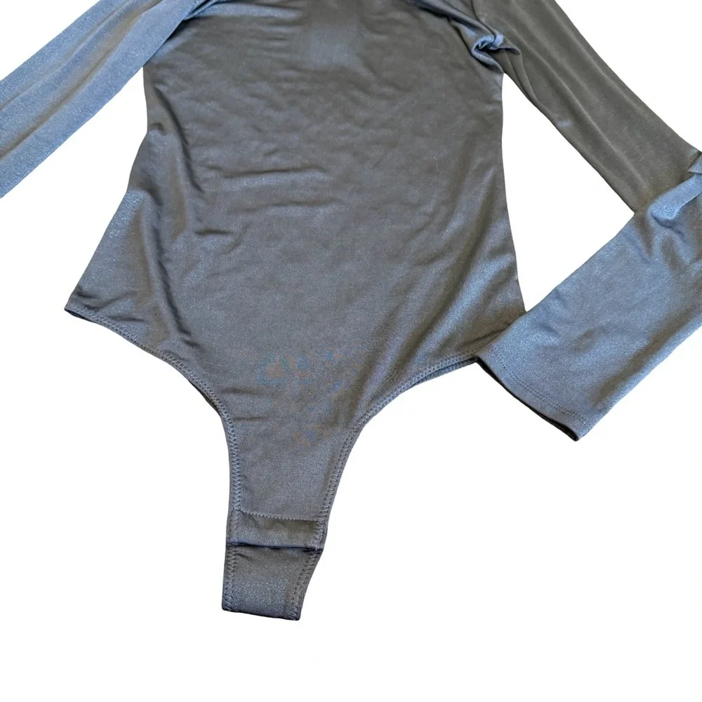 BCBGMaxAzria Turtleneck Bodysuit Shimmer Stretch Grey Long Sleeve Stretch XS NWT - Picture 5 of 15